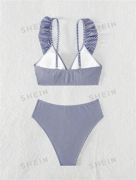 Shein Swim Chicsea Striped Ruffle Trim Bikini Swimsuit For Sale