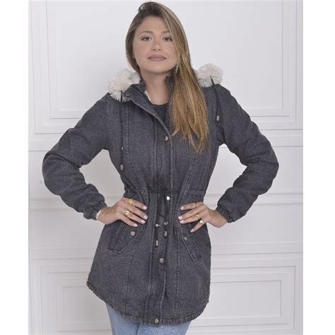 Parka Jeans Forrada Pelinhos Cor Preta Capuz Removível Shopee