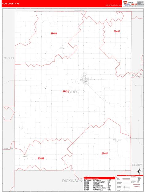 Clay County, KS Zip Code Wall Map Red Line Style by MarketMAPS ...