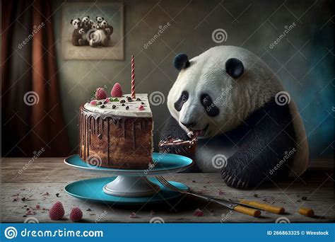 AI Generated Illustration of a Panda Eating a Cake on a Table. Stock ...