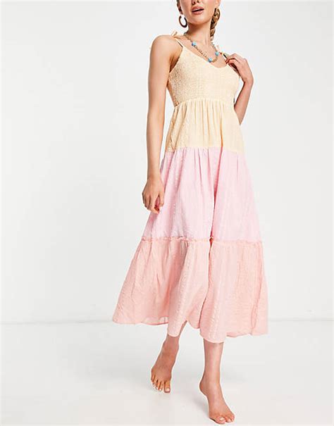 River Island Shirred Contrast Tiered Midi Beach Dress In Pink Asos