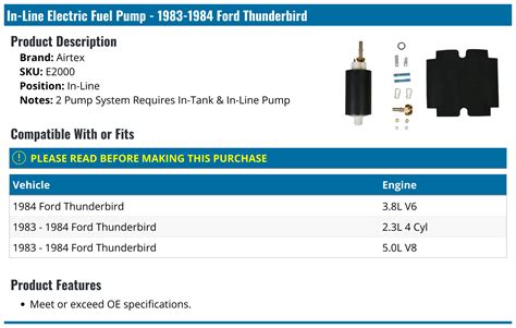 1983 1984 Ford Thunderbird Fuel Pump Airtex E2000 In Line