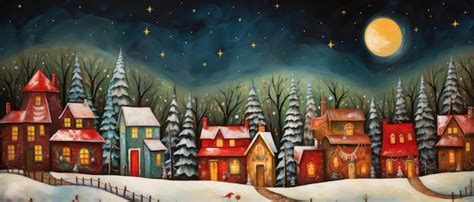 Premium AI Image | Painting of a snowy village with a full moon ...