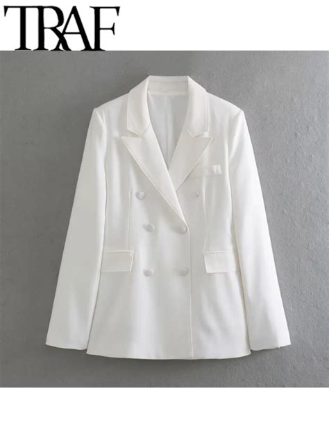 Traf Spring Elegant Women White Office Lady Long Blazer Long