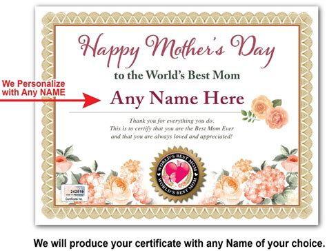 Personalized World Best Mom Award Certificate Diploma Happy Mothers