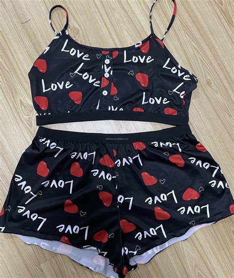 Valentines Day Printed Ruffle Sexy Lingerie Piece Pyjama Set Woman Short Pajama Summer Lounge