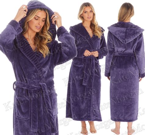 Ladies Dressing Gown Long Length Luxury Shimmer Fleece Hooded Gown New