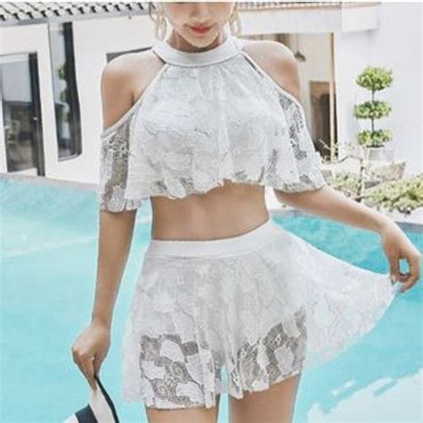 Cucurbit Set Halter Lace Bikini Top Swim Skirt Yesstyle