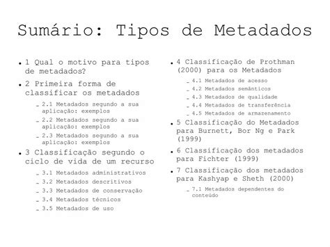 PDF Sumário Tipos de Metadados 1 Qual o motivo para tipos de