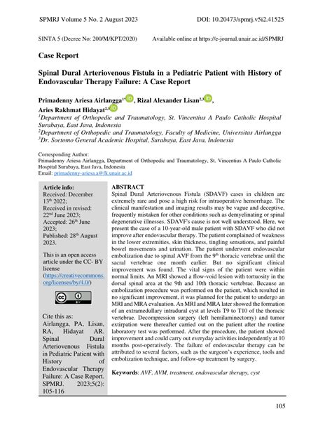 Pdf Spinal Dural Arteriovenous Fistula In A Pediatric Patient With