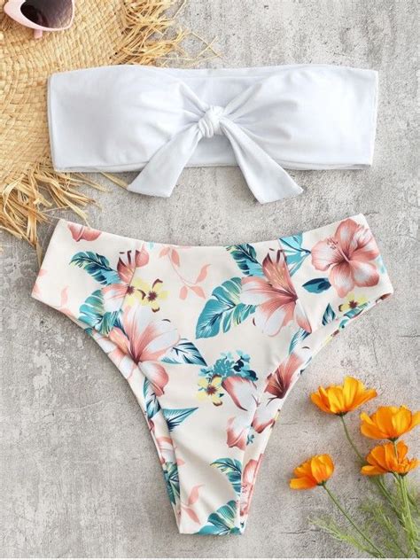 13 OFF 2020 Bandeau High Waisted Floral Bikini In WHITE ZAFUL