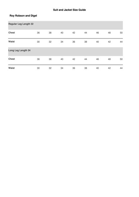 Roy Robson And Digel Suit And Jacket Size Guide Printable Pdf Download