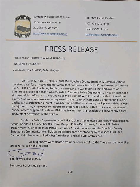 Police respond to inadvertent Active Shooter Alarm in Zumbrota - ABC 6