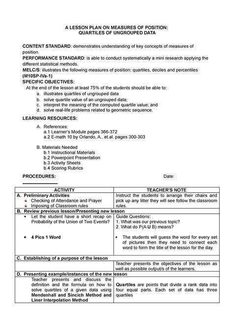 Demo Lesson Plan 2nd COT A LESSON PLAN ON MEASURES OF POSITION