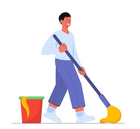 Premium Vector Hotel Staff Worker Concept Man With Mop And Red Bucket