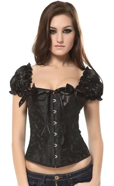 2017 New Sexy Black Satin Spiral Steel Bones Lace Up Corset With Rotator Cuff Bustier Top In