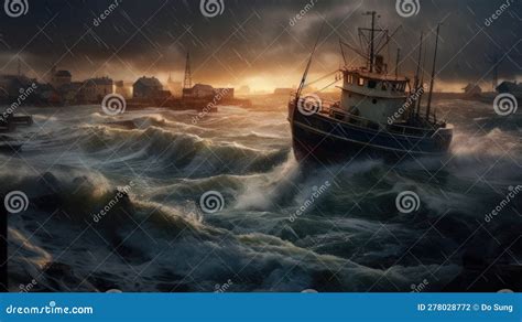 Fishing Boat in Storm and Rain Stock Illustration - Illustration of ...