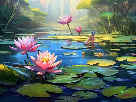 Premium AI Image There Are Many Water Lillies In The Pond With A