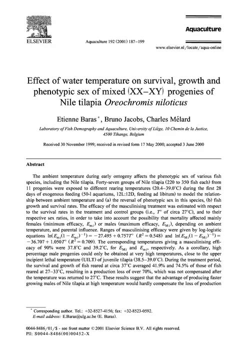 Effect Of Water Temperature On Survival Growth And Phenotypic Sex Of