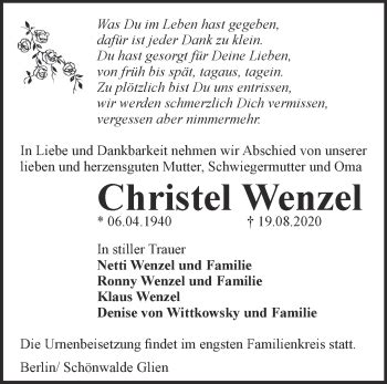 Traueranzeigen von Christel Wenzel Märkische Onlinezeitung Trauerportal