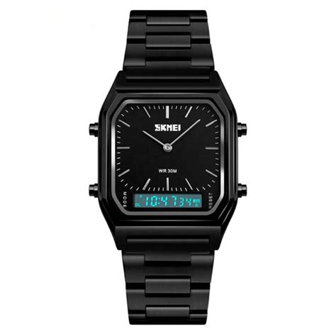 Skmei Black Steel Chain Mens Analog Digital Wrist Watch