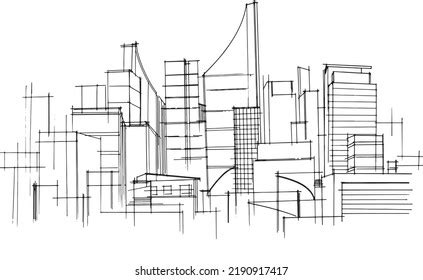 Office Buildings Large Cityline Drawing2d Illustration Stock Vector