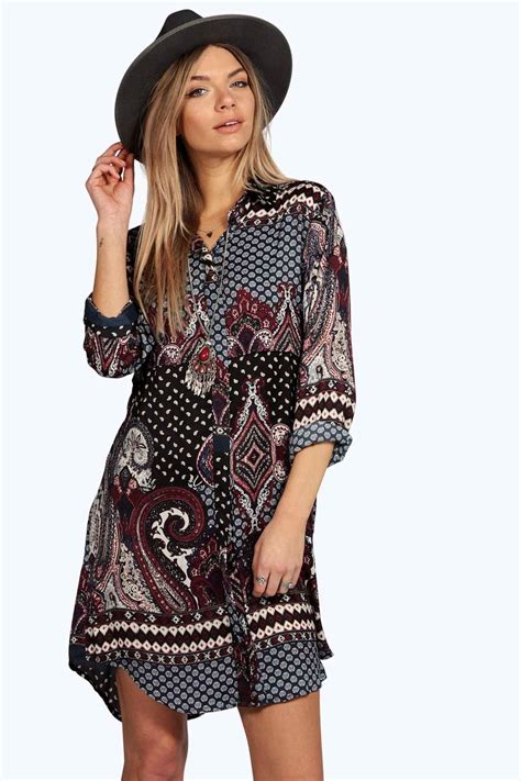 Boohoo Womens Debbie Paisley Border Print Shirt Dress