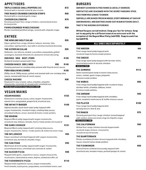 Menu At Hudsons The Burger Joint Gardens Pub And Bar Cape Town 69a Kloof St