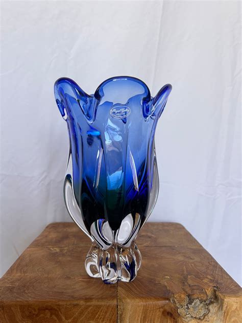 Vintage Royal Gallery Ombré Glass Tulip Vase Handblown Polish Art Glass Blue Green Clear