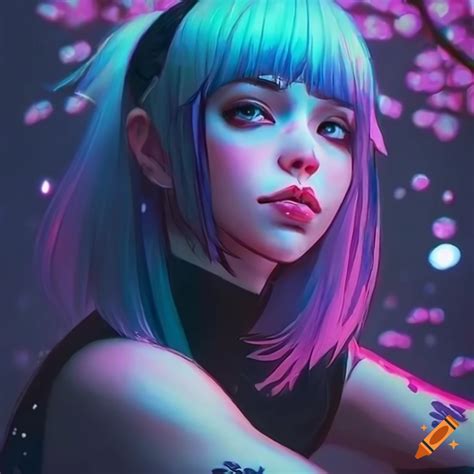 Realistic Cyberpunk Artwork Of A Girl With Pink And Blue Hair On Craiyon