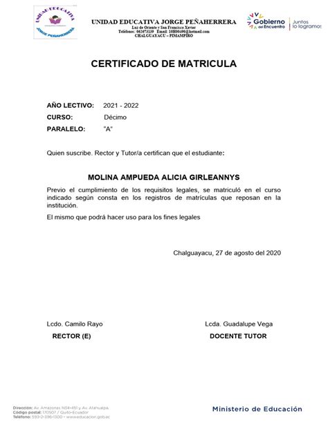 Certificado De Matricula Y Promocion Pdf