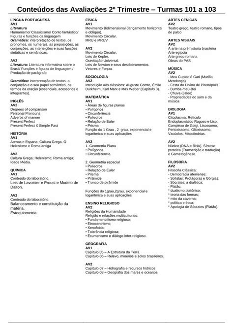 PDF Conteúdos das Avaliações 2º Trimestre Turmas 101 a 103 Degrees