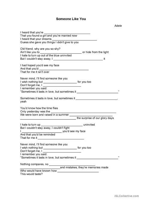 Adele Someone Like You Song And Nurs English Esl Worksheets Pdf And Doc