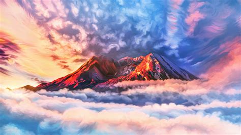 Mountain with clouds artwork painting, illustration, artwork, sky ...