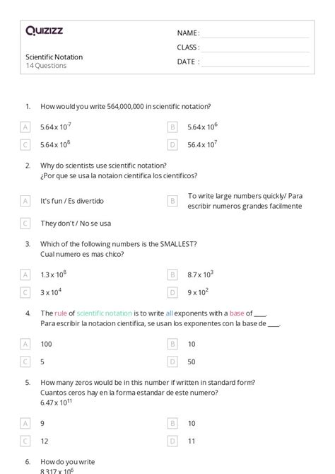 Scientific Notation Worksheets For Th Grade On Quizizz Free