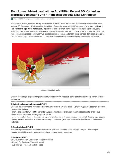 Rangkuman Materi Dan Latihan Soal Ppkn Kelas 4 Sd Kurikulum Merdeka Semester 1 Unit 1 Pancasila