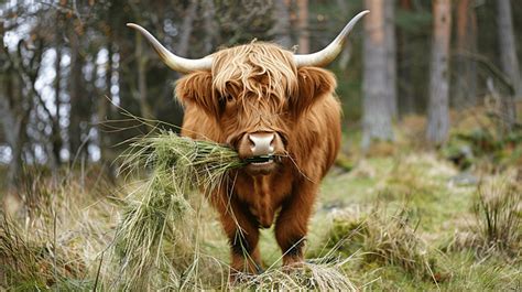 Adorable Highland Cattle Chewing On Grass Background Highland Cow