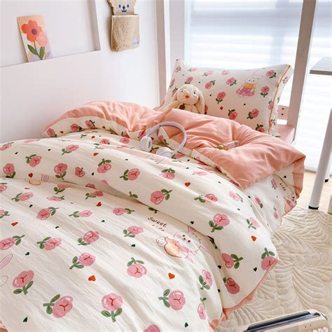 3in1 4in1 Cotton Bedsheet Soft Pink Floral Bed Sheet Set With Quilt