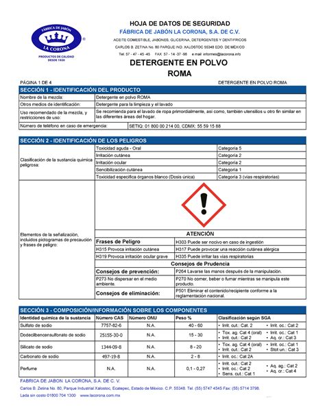 Ficha Tecnica Detergente Roma Hoja De Datos De Seguridad F Brica De