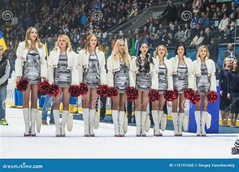 Girls Cheerleaders From The Team Red Foxes For The Match Ukraine Vs