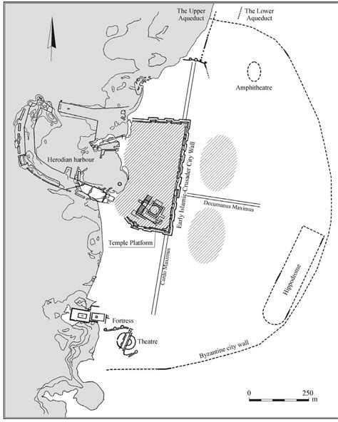 Caesarea — map of the city and its main monuments; the