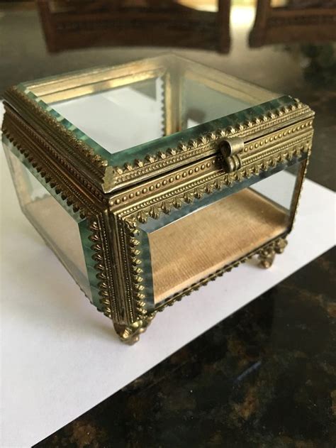 Square Gold Ormolu Beveled Glass Footed Jewelry Trinket Box Etsy Crystal Jewelry Box