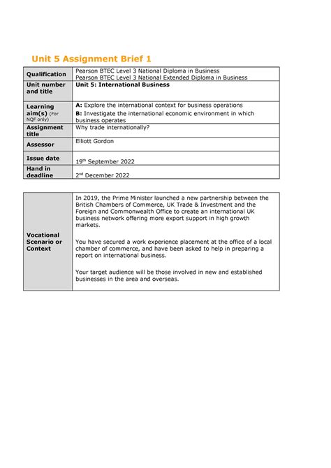 Ass 1 U5 Master 3 Work Unit 5 Assignment Brief 1 Qualification