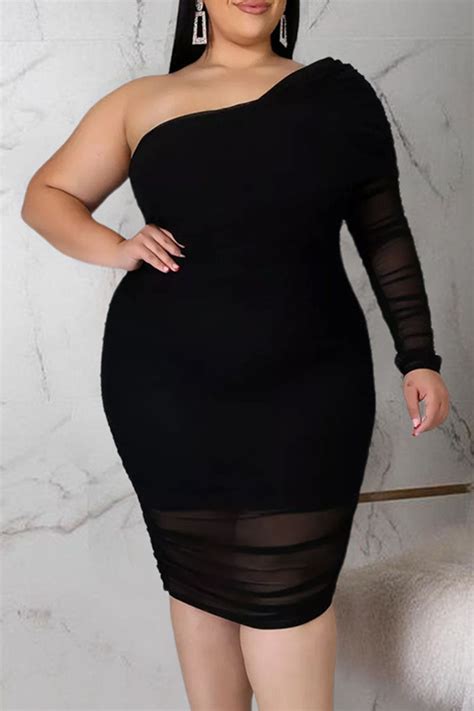 Wholesale Black Sexy Solid Patchwork Fold Asymmetrical Oblique Collar One Step Skirt Plus Size