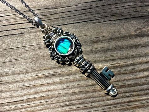 Real Blue Butterfly Wing Pendant Skeleton Key By Chrysalisstudios