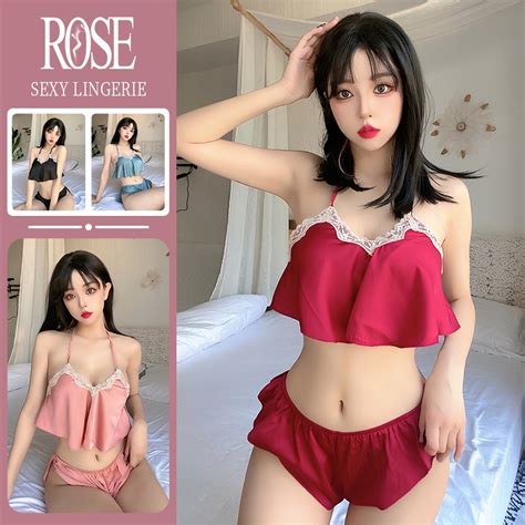 Rose Sleepwear For Sex Women Nighties Set Lace Lingerie Sling Shorts Sexy Pajamas Shopee