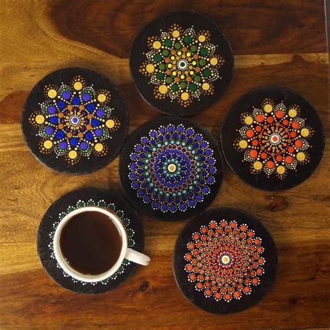 Rgb Dot Mandala Coaster Set Di 6 Etsy In 2020 Coaster Art Dot Art