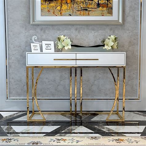 Modern White Marble Top Console Table With Drawers Gold Legs For