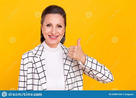 Portrait Of Cheerful Attractive Lady Show Thumb Up Approval Isolated On