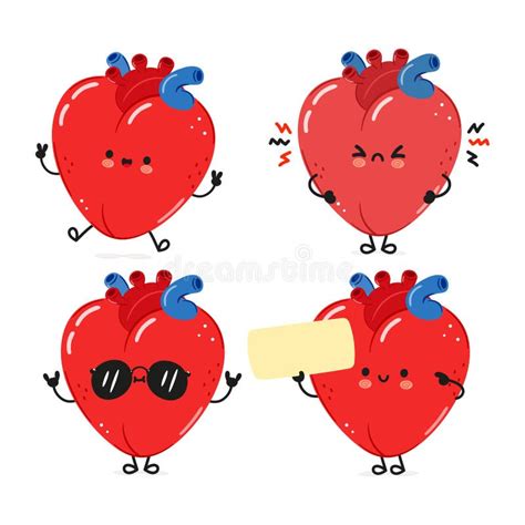 Funny Heart Organ Characters Bundle Set Vector Hand Drawn Doodle Style